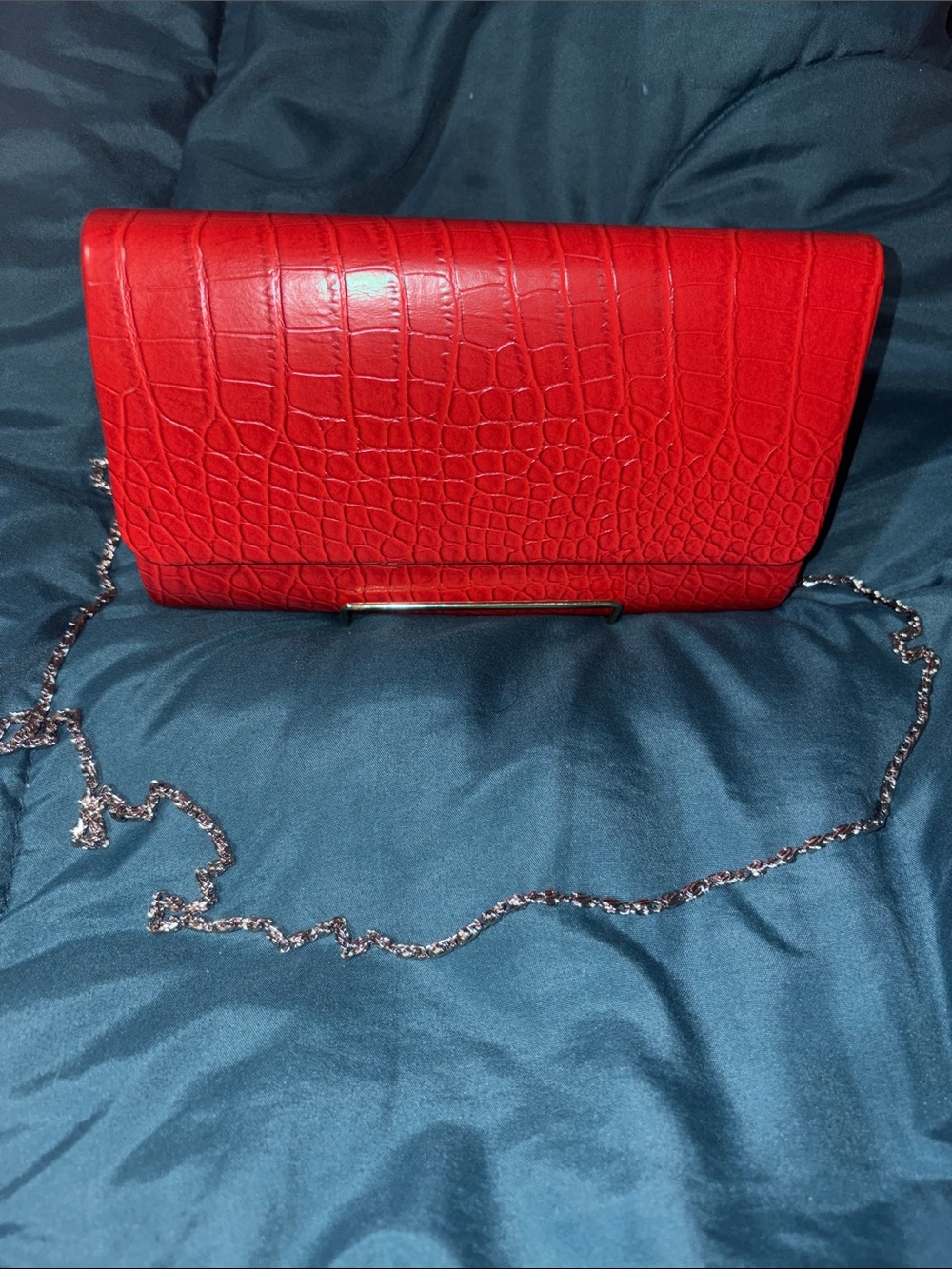 Vintage Bijoux Terner - Red Croc-Texture Chain Clutch